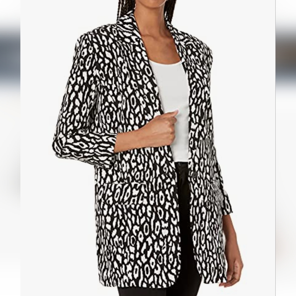 EUC The Kooples Silk Blend Leopard Print Single Button Black White Blazer Sz 8